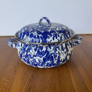 GOLDEN RABBIT 2.5 Quart Dutch Oven Blue Cobalt Swirl Enamel Stock Pot & Lid NEW